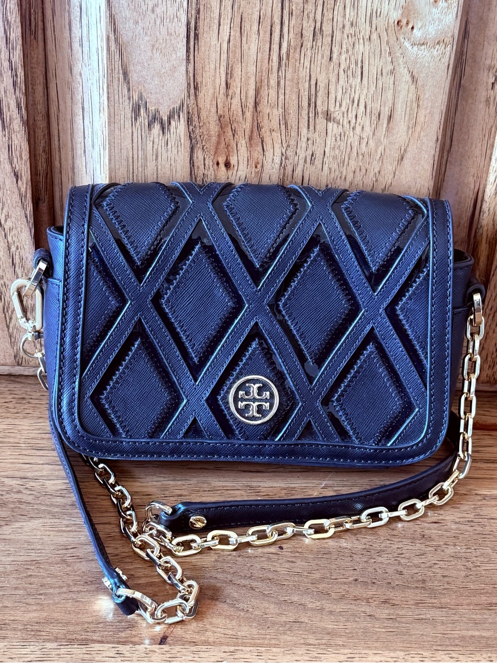 Tory Burch Black Leather Geometric Crossbody Chain Bag NWOT